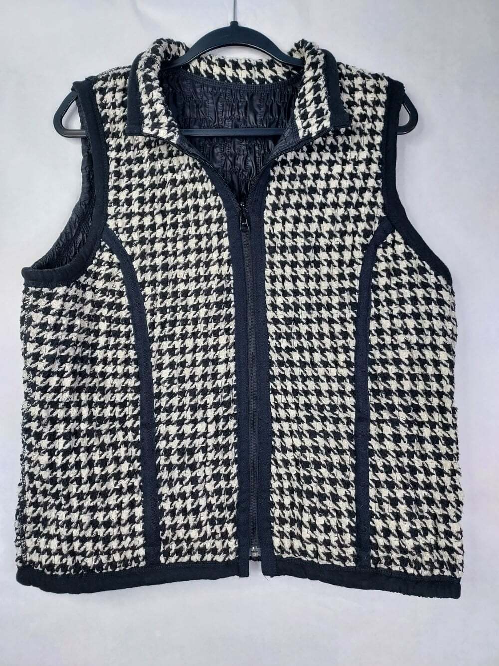 Lana Sport Reversible Vest Women's 14 Black Crinkle Houndstooth Plaid Gilet Chic